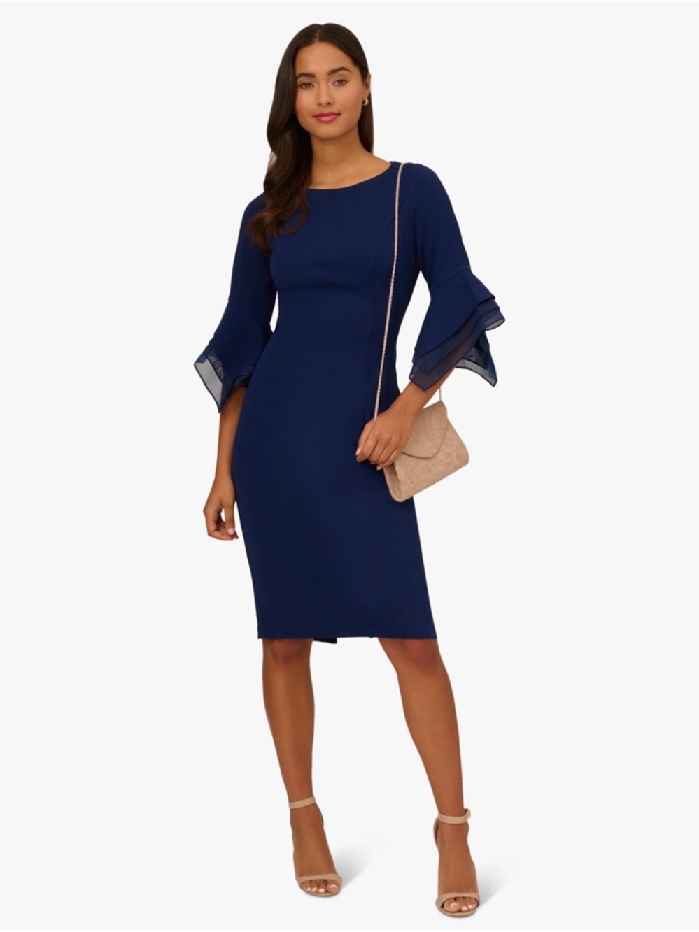 Adrianna Papell Navy Midi Sheath Dress with Layered Bell Sleeves
